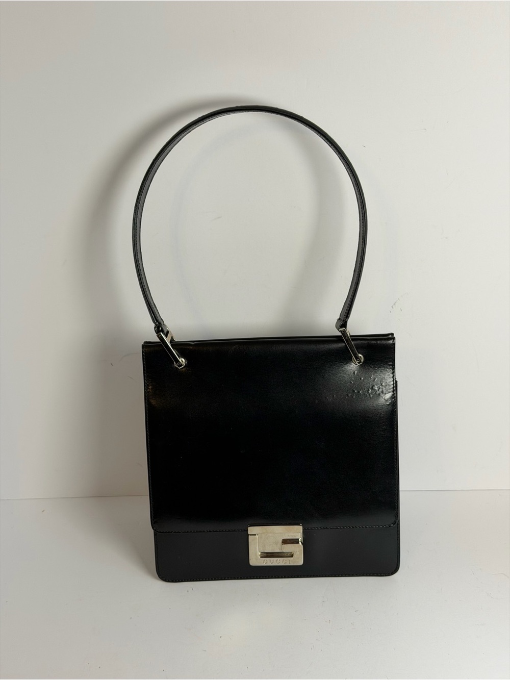 Vintage Gucci Tom Ford Era Square G Black Leather Shoulder Bag (1990s)